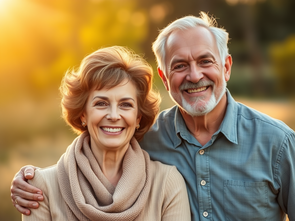 A happy older couple smiling warmly at the camera, outdoors in a natural setting during golden hour, suggesting a moment of connection and joy.