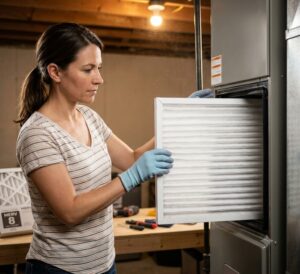 AI generated woman changing air filter on HVAC